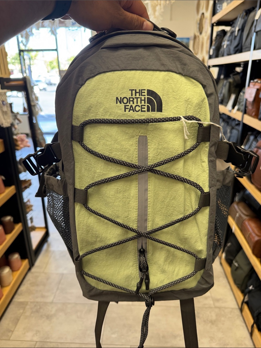 The North Face Men’s Lime Green and Gray Backpack with Bungee Front